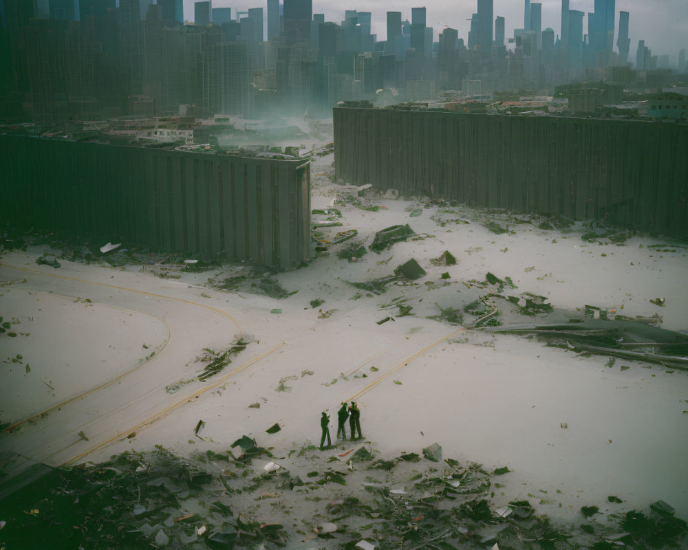 Desolate urban landscape with figures amidst rubble and foggy skyscrapers