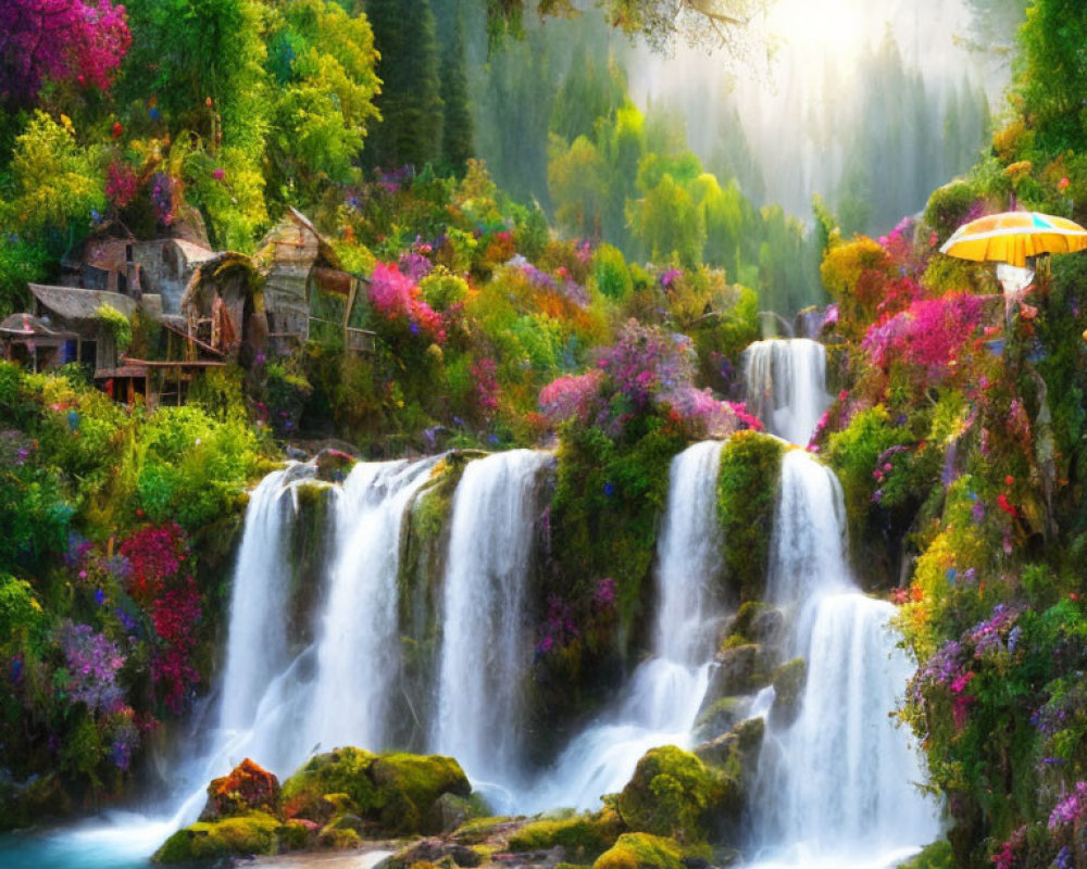 Sunlit waterfall surrounded by lush greenery and colorful flowers with a wooden structure.