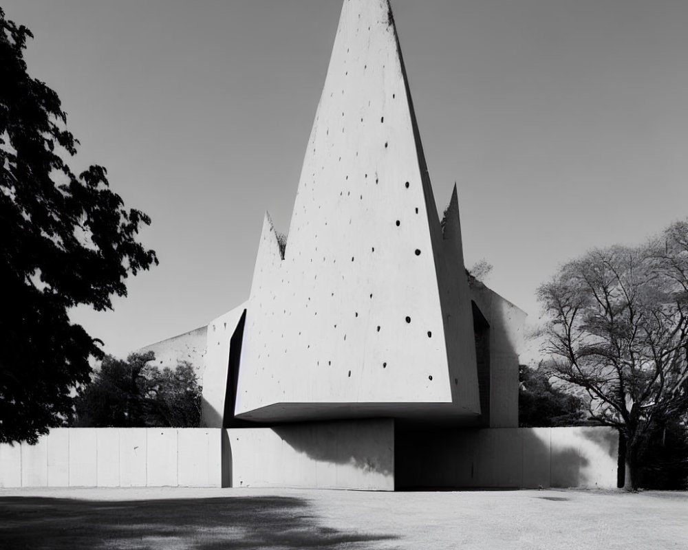 Monochrome photo of sharp triangular modern architecture building with dotted facade surrounded by trees