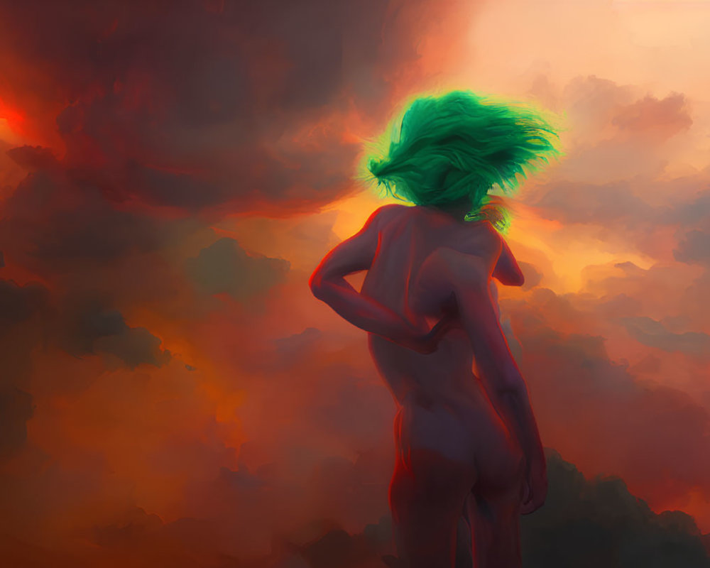Green-haired person under fiery red sky.