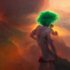 Green-haired person under fiery red sky.