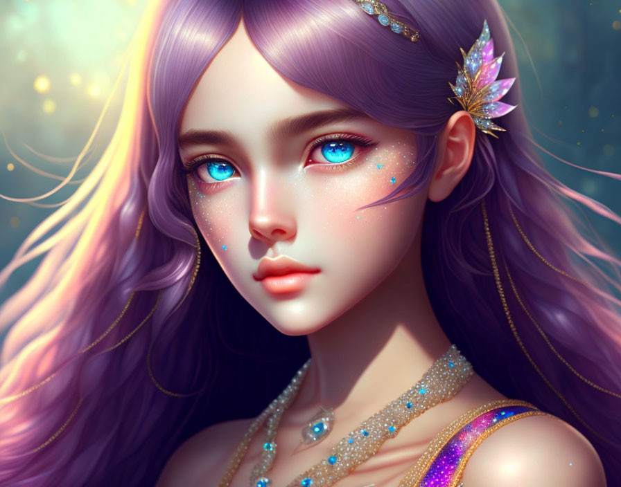Purple-haired girl with crystal leaf accessory in animated portrait