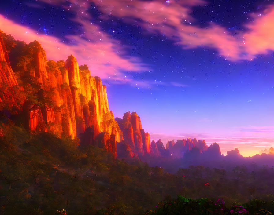 Majestic landscape: orange cliffs, lush greenery, purple starry sky