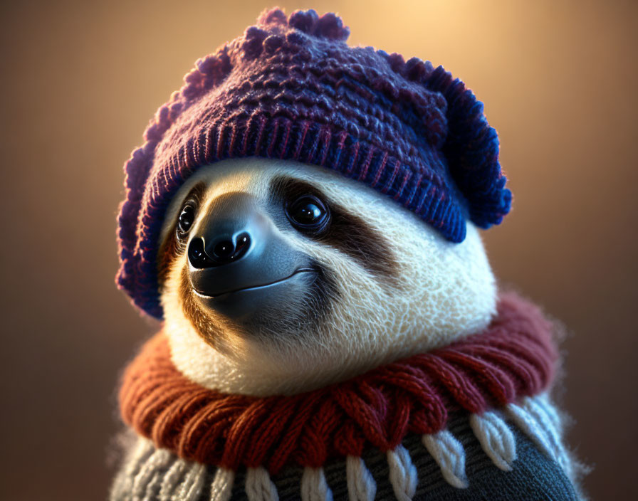 Smiling sloth in purple hat and red scarf illustration