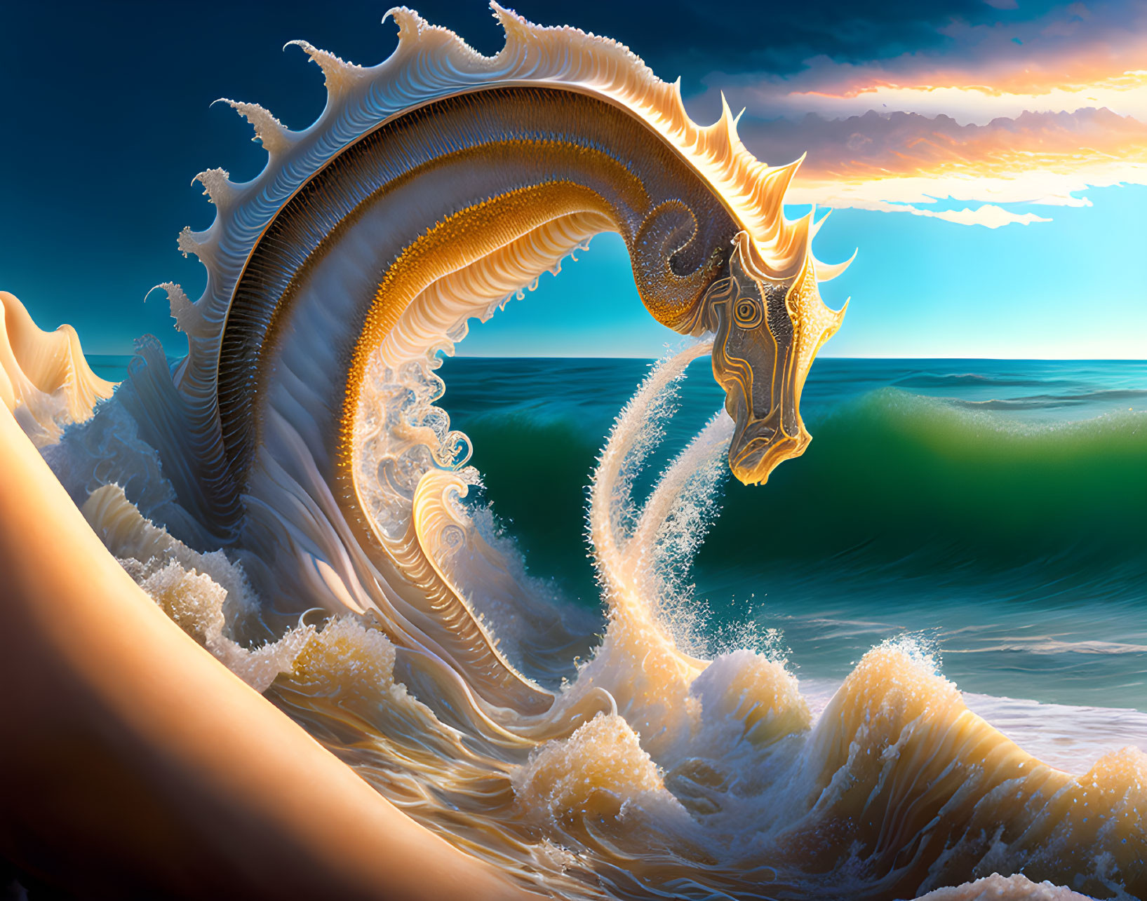 Majestic seahorse with wave-like features under sunset sky