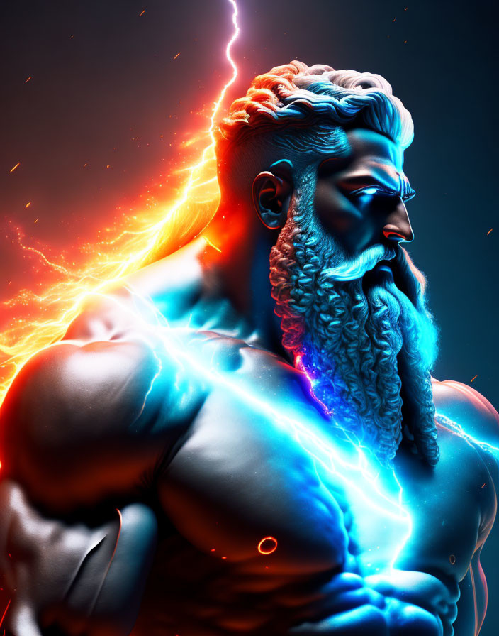 Vibrant digital artwork: Muscular, bearded character with blue skin and glowing lightning