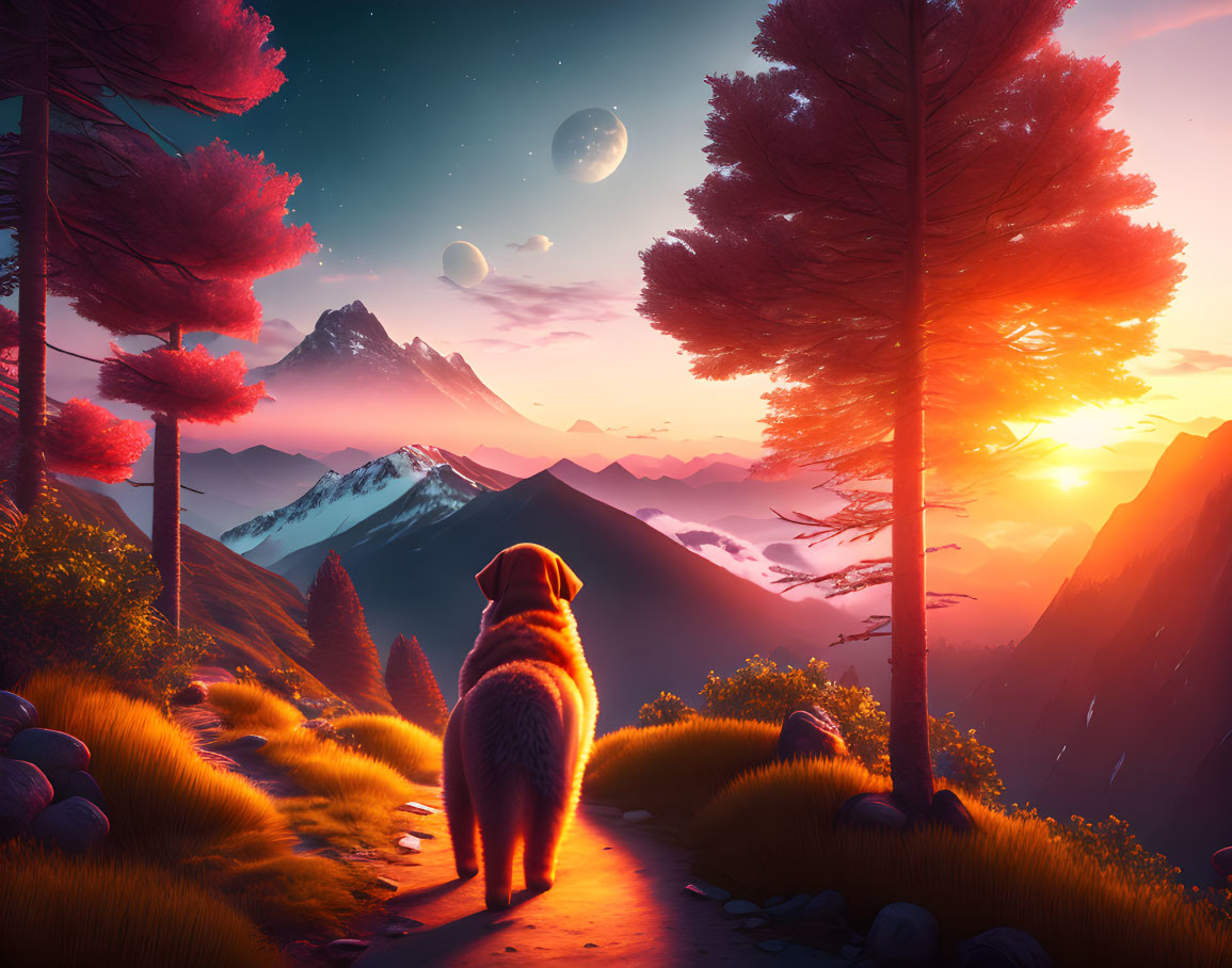 Dog overlooking snowy mountains under two moons and sunset glow
