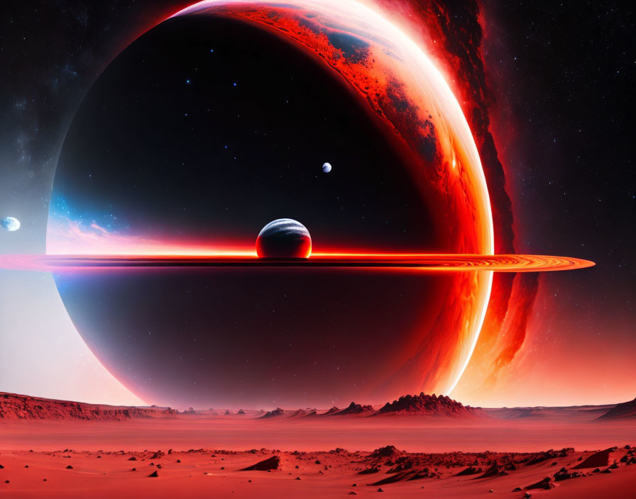 Sci-fi landscape with large ringed planet, red atmosphere, and celestial bodies.