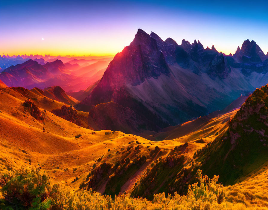 Majestic Sunrise Panorama: Mountains, Skies, Hills & Mist