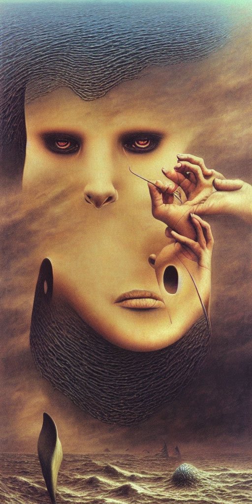 Surrealist artwork: Disproportionate eyes, needle, floating hand, earthy backdrop