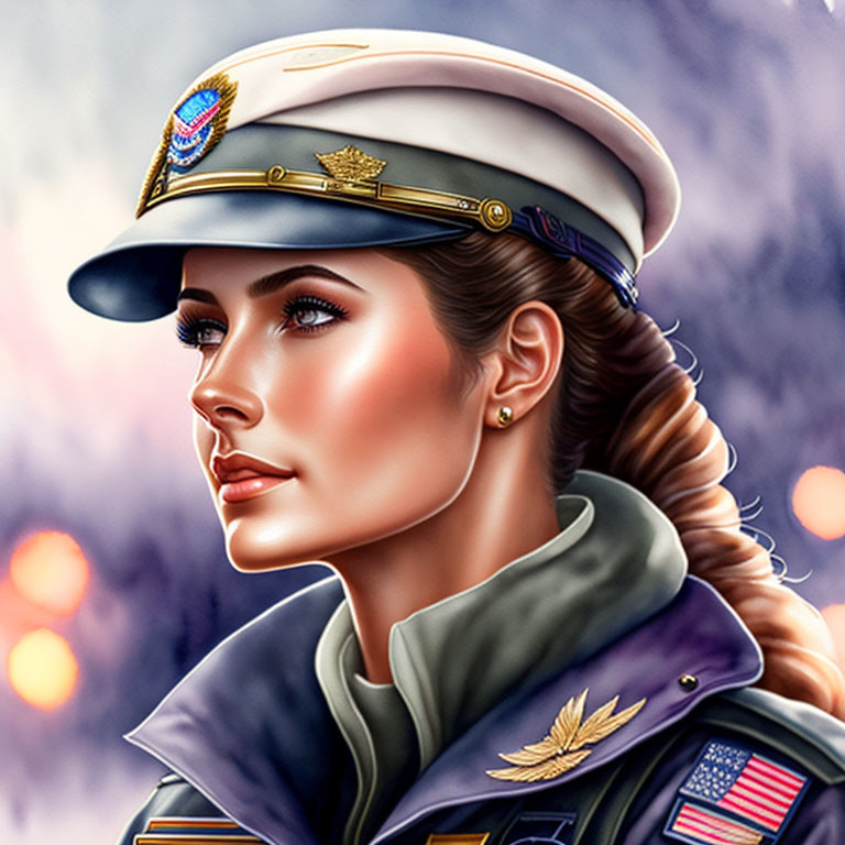 Digital illustration of woman in military uniform with peaked cap and badges.