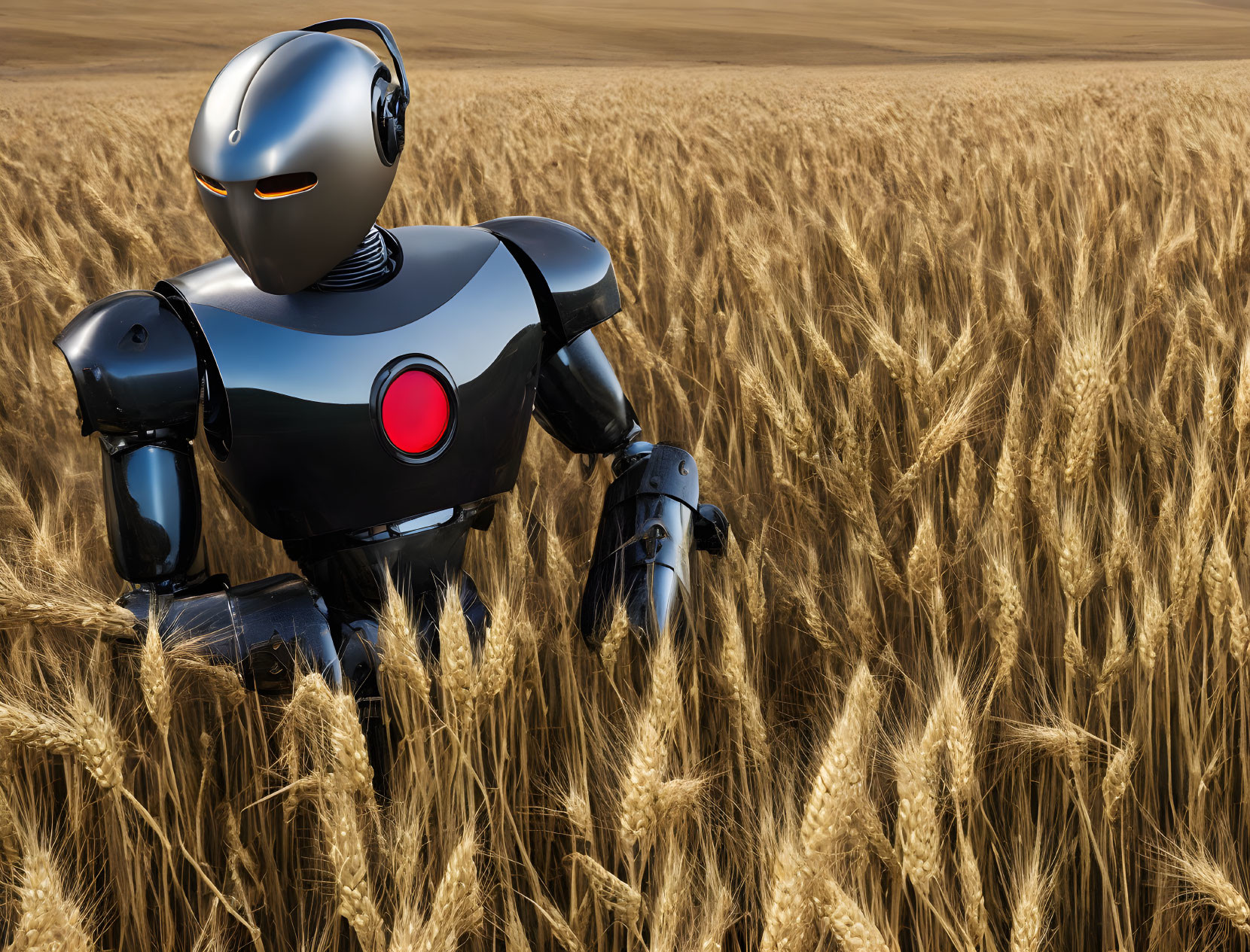 Futuristic robot in golden wheat field under clear sky