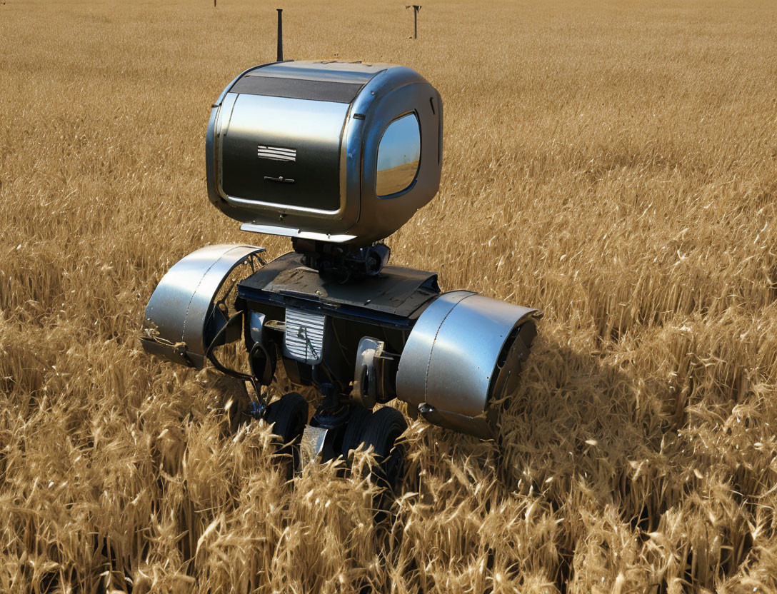 Retro-futuristic robot with TV head in golden wheat field