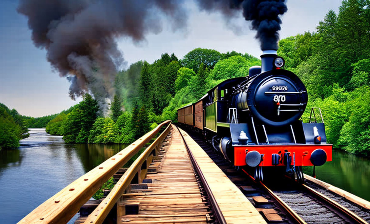 Vintage Steam Locomotive Crossing Wooden Bridge in Lush Greenery