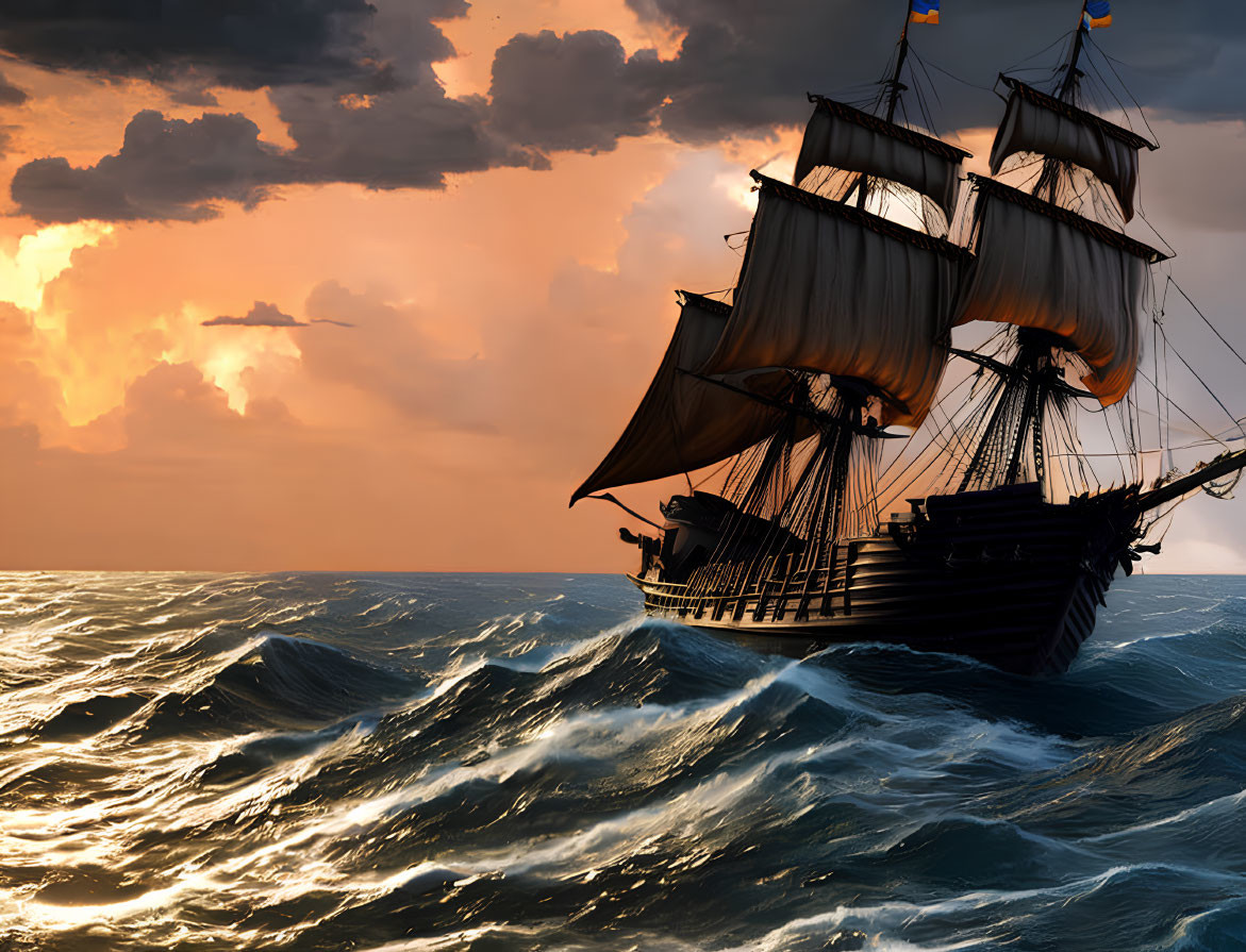 Vintage sailing ship sails through rough seas at sunset