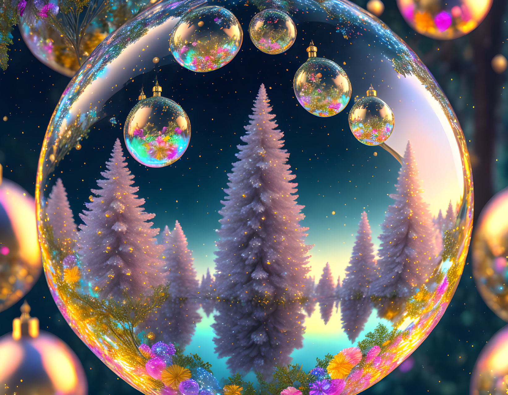 Christmas Scene: Sparkling Trees in Ornaments Reflecting Winter Wonderland