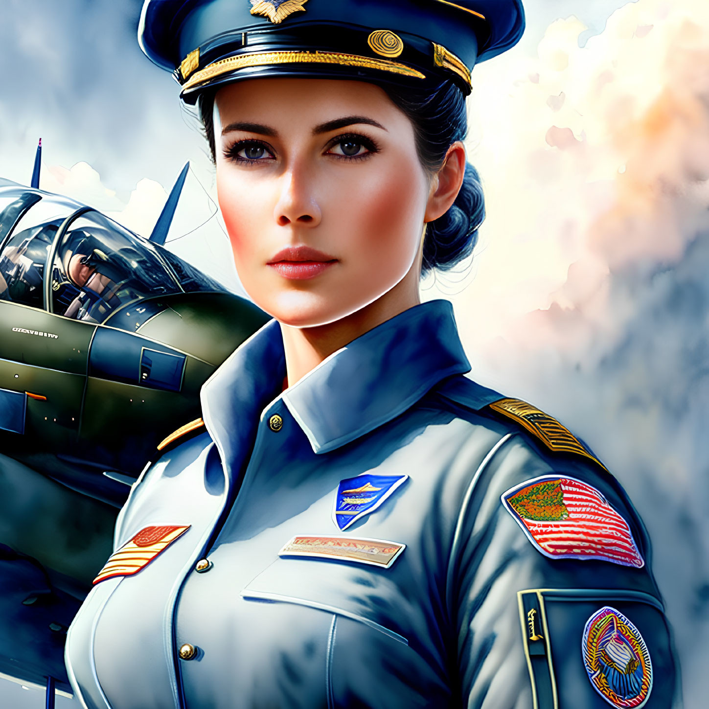 Digital artwork: Woman in military uniform with pilot wings and insignia, standing by airplane