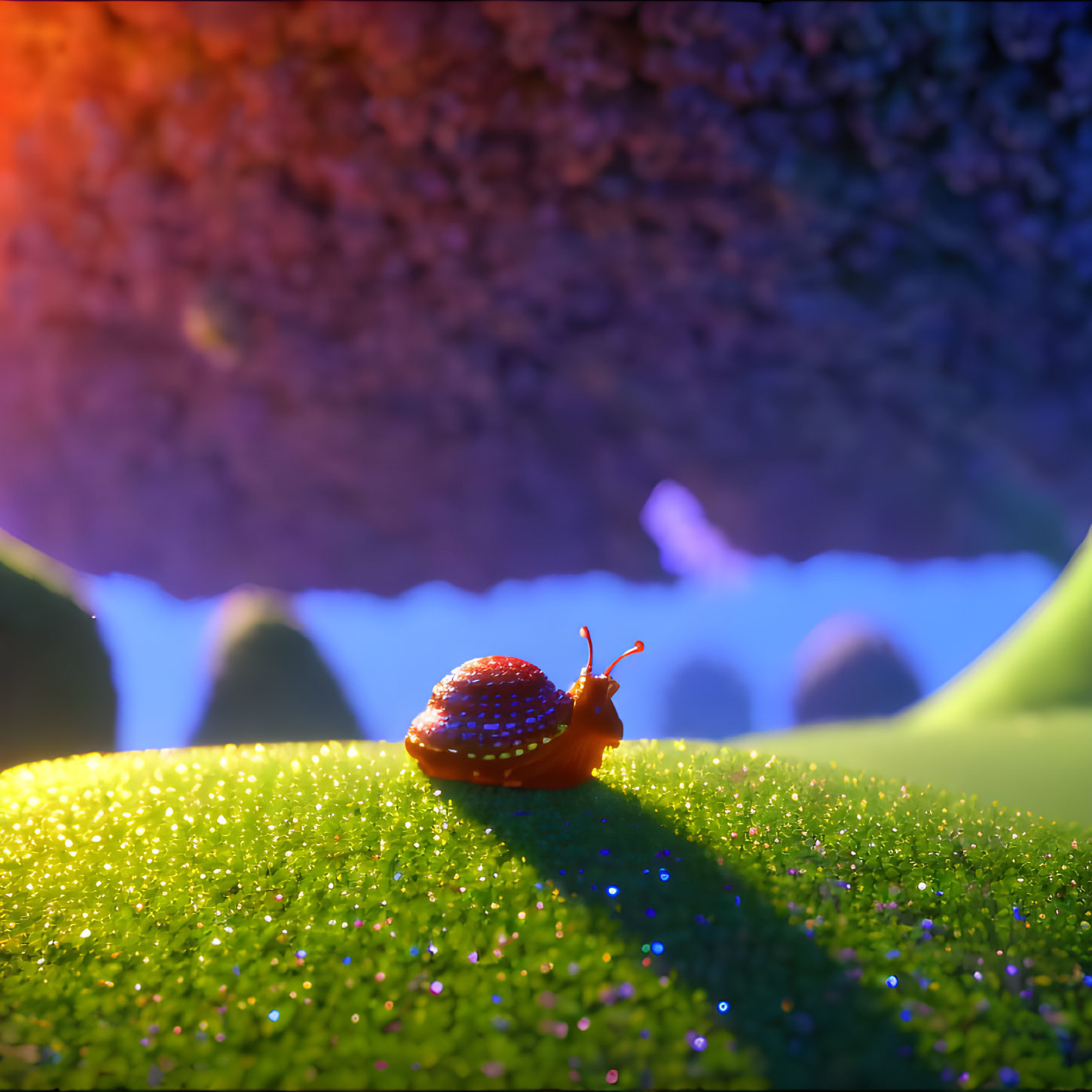 Colorful Snail with Patterned Shell on Dewy Hill in Purple Hues