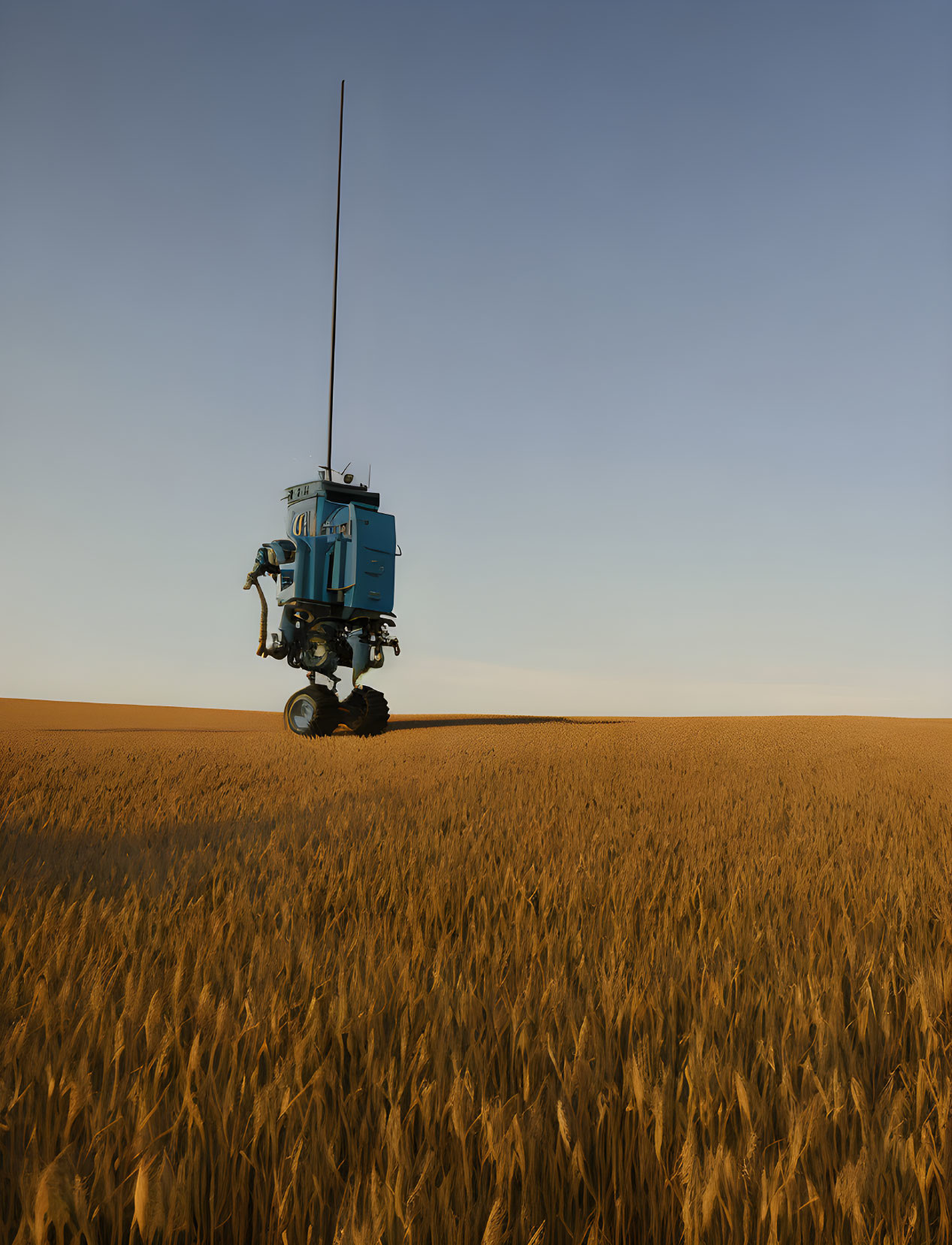 Blue futuristic robot exploring golden wheat field under clear sky