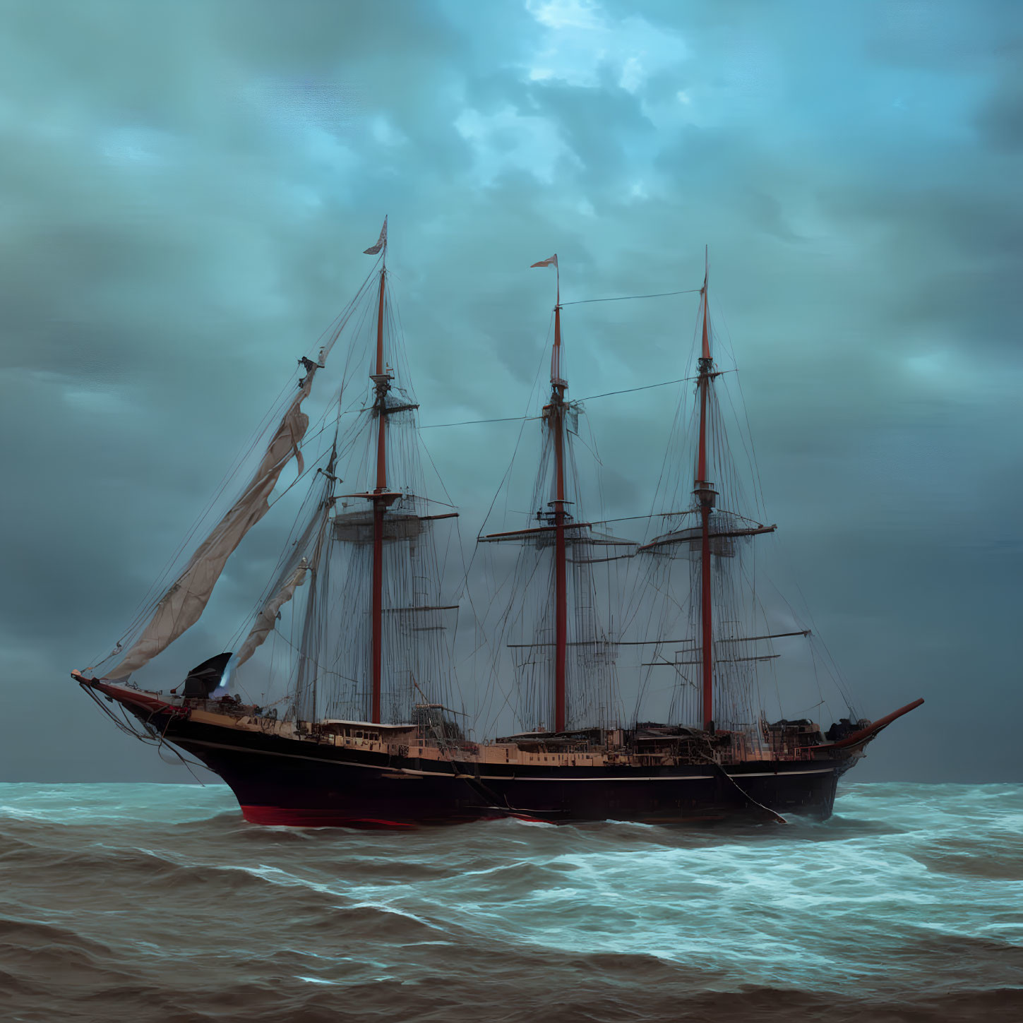 Tall ship with billowing sails on turbulent sea under moody sky