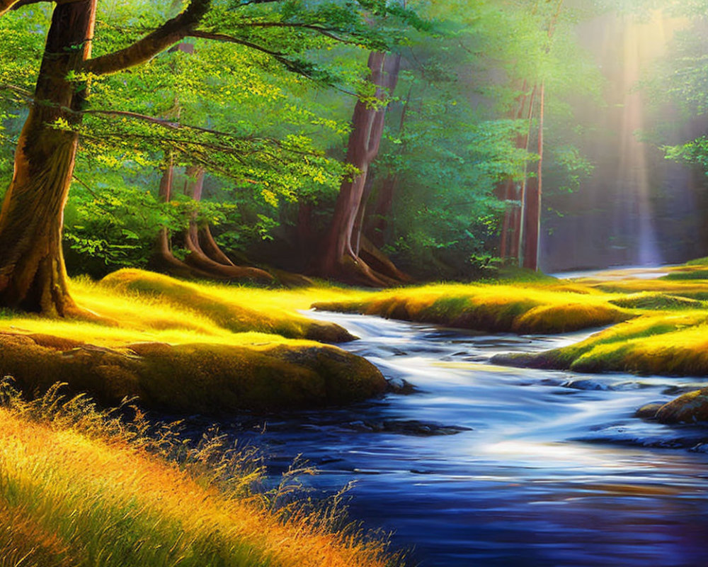 Tranquil forest scene with sunlight, stream, and lush greenery