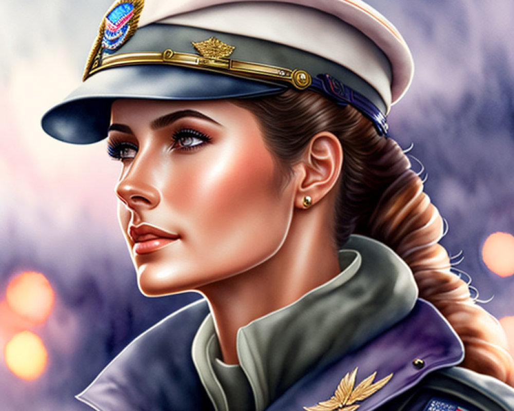 Digital illustration of woman in military uniform with peaked cap and badges.