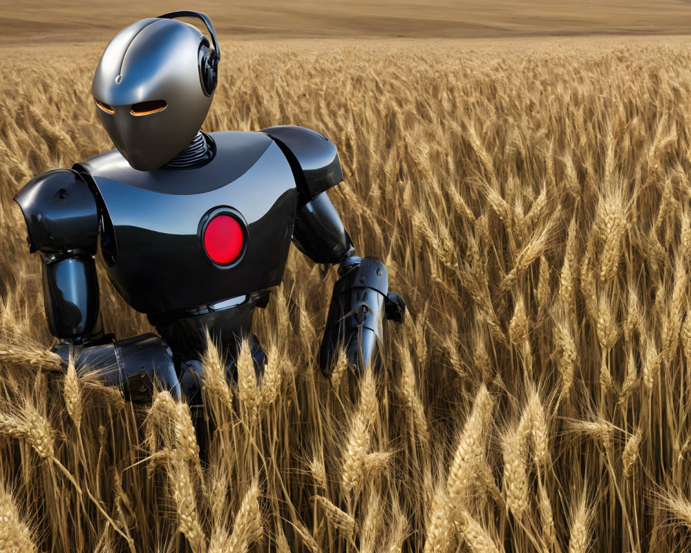 Futuristic robot in golden wheat field under clear sky
