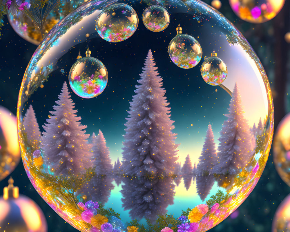 Christmas Scene: Sparkling Trees in Ornaments Reflecting Winter Wonderland