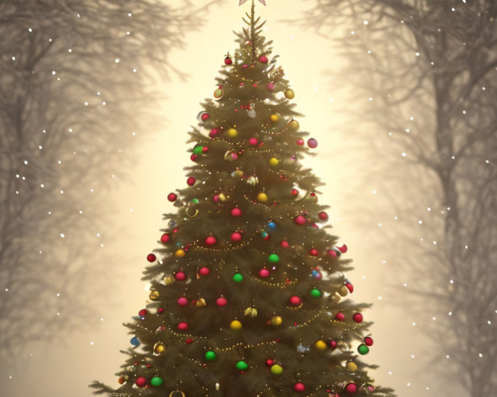 Colorful Ornaments and Star Topper on Decorated Christmas Tree in Misty Forest