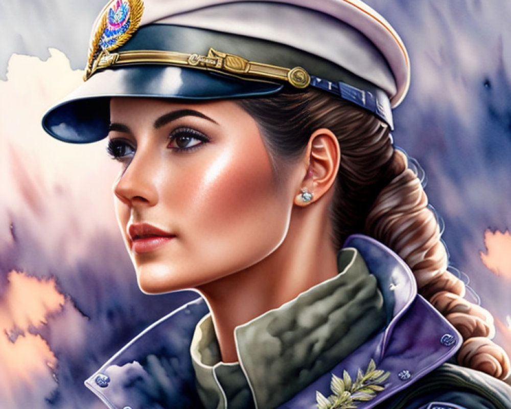 Digital artwork of woman in military uniform with cap and American flag patch against cloudy sky.