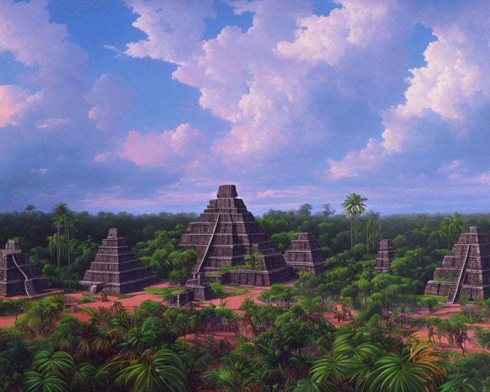 Mayan pyramid temples in lush jungle setting