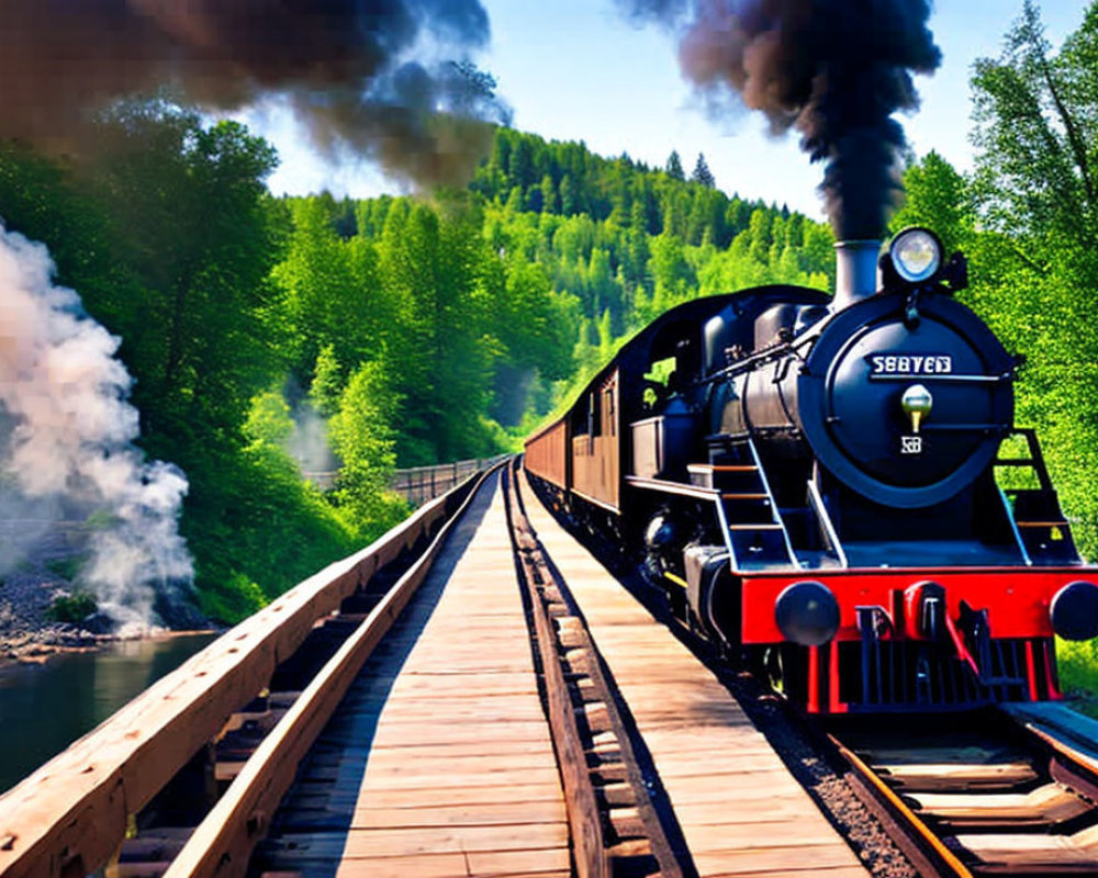 Vintage Black Steam Locomotive 9867 Crossing Railway Bridge in Green Landscape