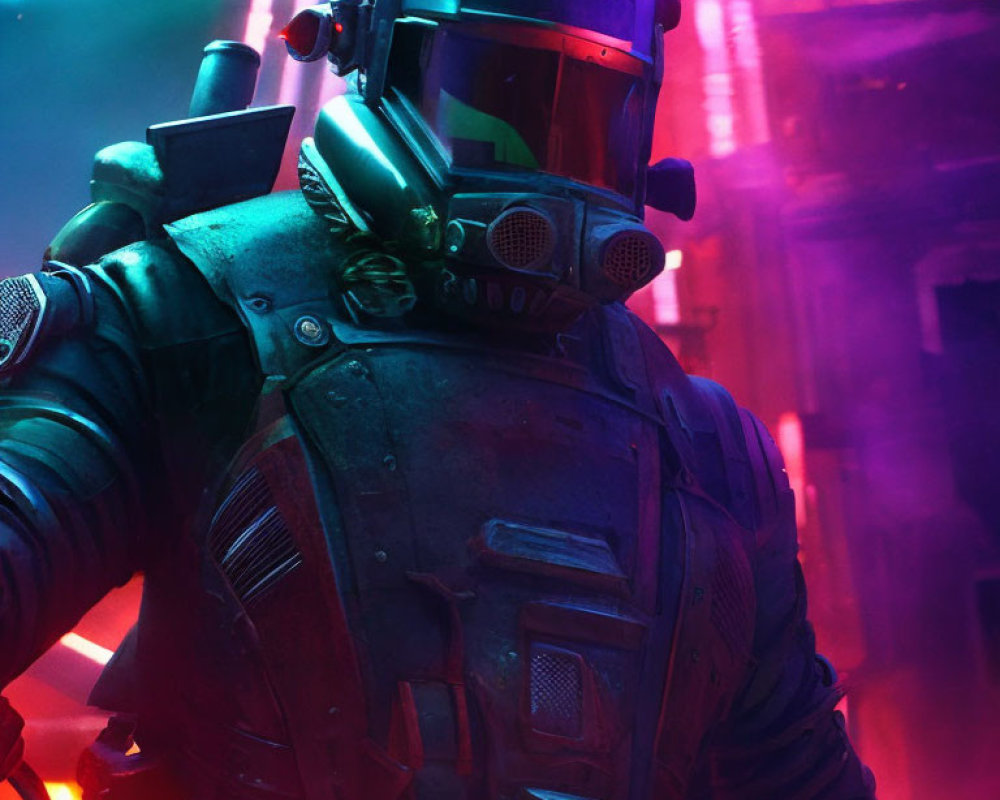 Futuristic armor-clad person in neon lights and purple smoke