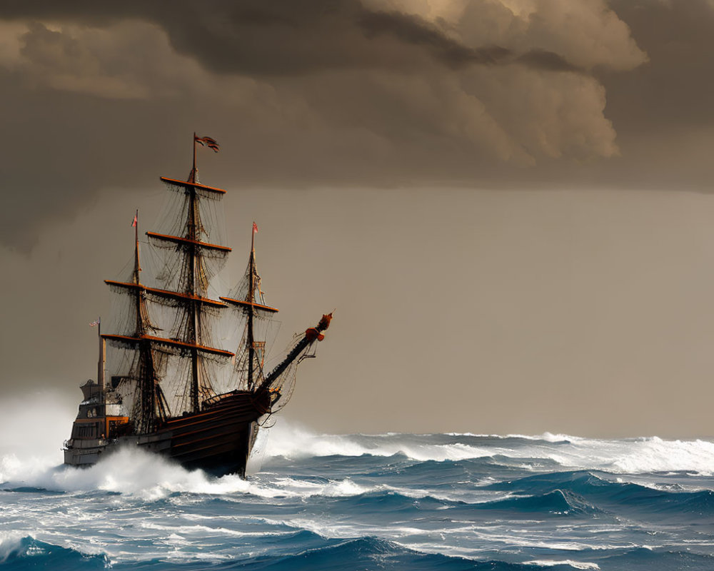 Tall ship navigating stormy seas under dramatic sky