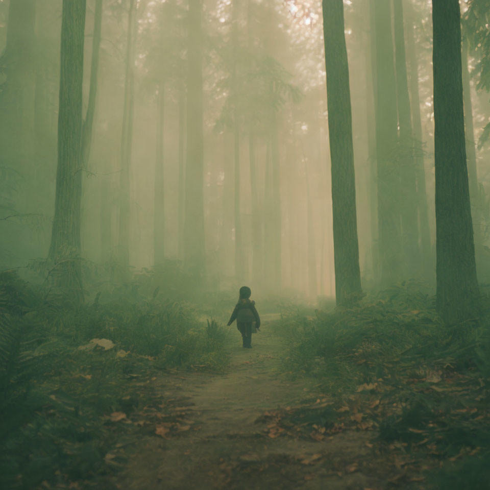 Solitary figure walking on misty forest path among tall shadowy trees