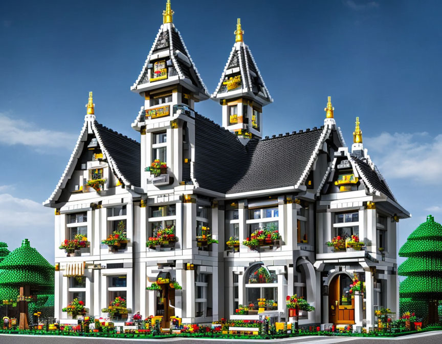 Detailed LEGO model of Victorian-style house with intricate rooflines, flower-filled balconies, and landscaped