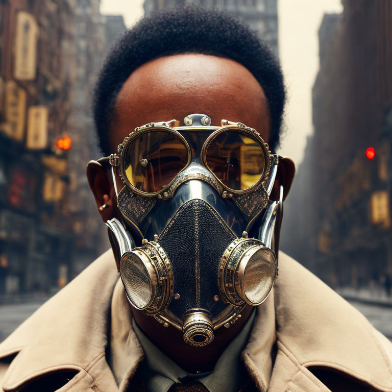 Afro person in gas mask and steampunk goggles on foggy city street