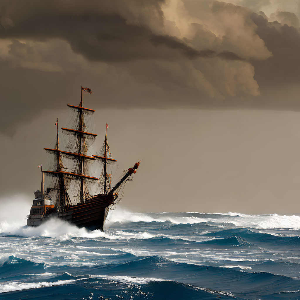 Tall ship navigating stormy seas under dramatic sky