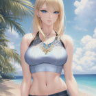 Blonde woman in floral crop top and jeans on beach with palm leaves and blue sky.