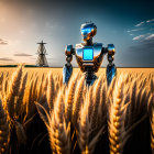 Blue-headed robot in wheat field under dramatic sky