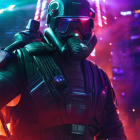 Futuristic armor-clad person in neon lights and purple smoke