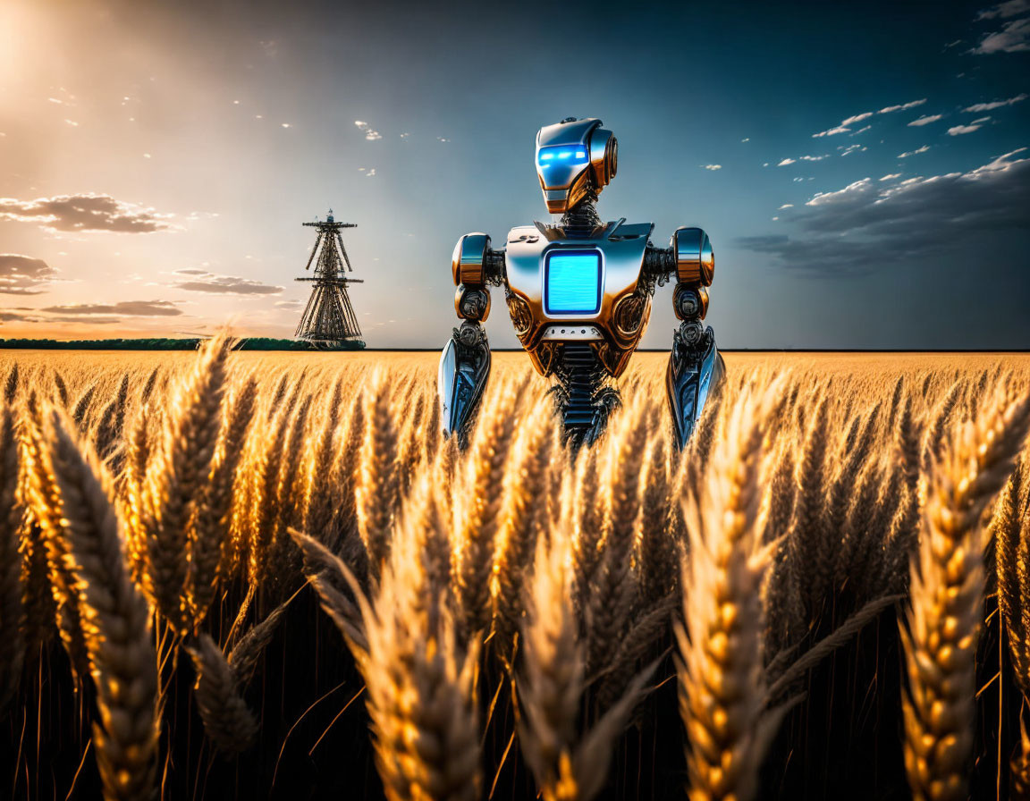 Blue-headed robot in wheat field under dramatic sky