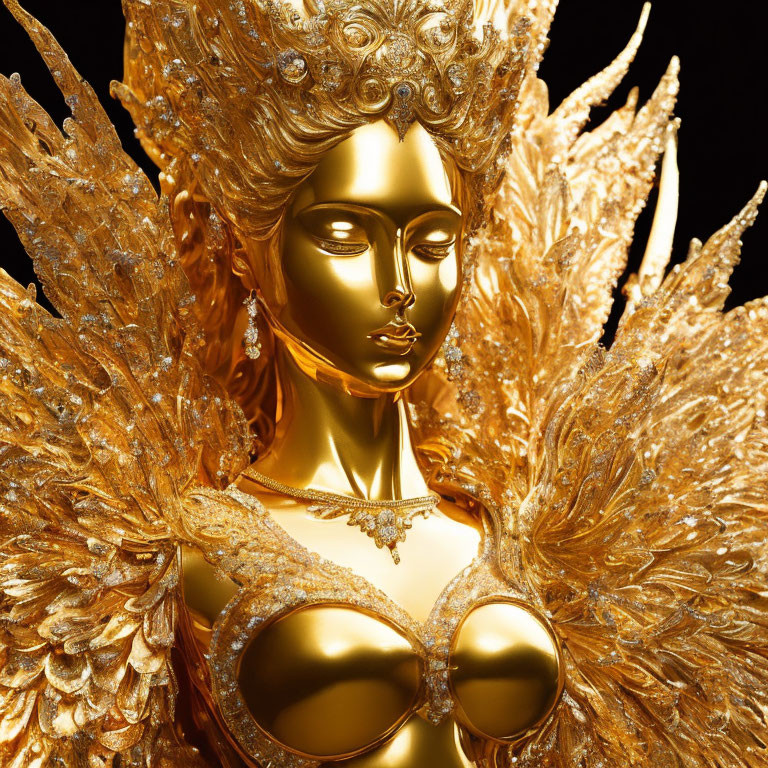 Golden statue with ornate headpiece and feather-like adornments