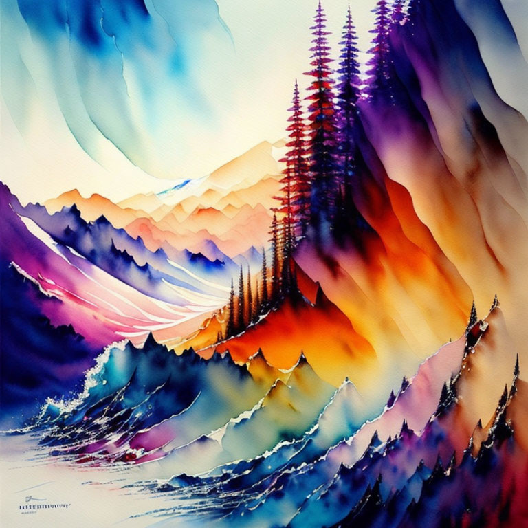 Colorful Watercolor Landscape with Mountains, Valley, and Pine Trees