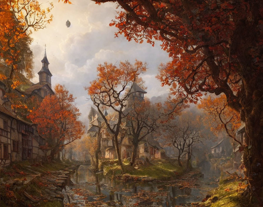 Tranquil autumn village by stream with orange trees