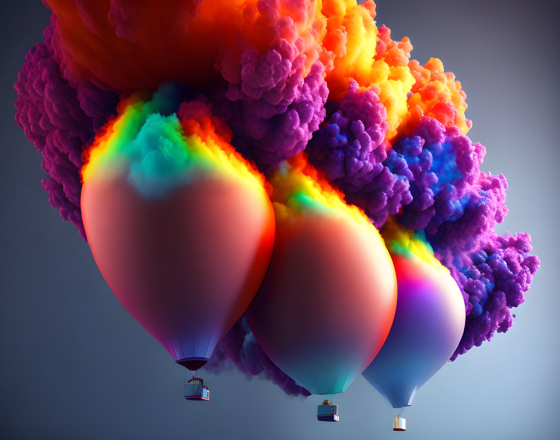Colorful hot air balloons with vibrant smoke trails on gray background