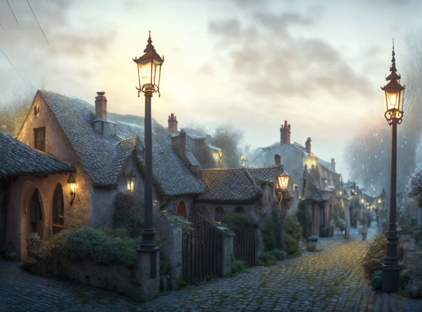 Traditional Thatched-Roof Cottages on Cobblestone Street at Twilight