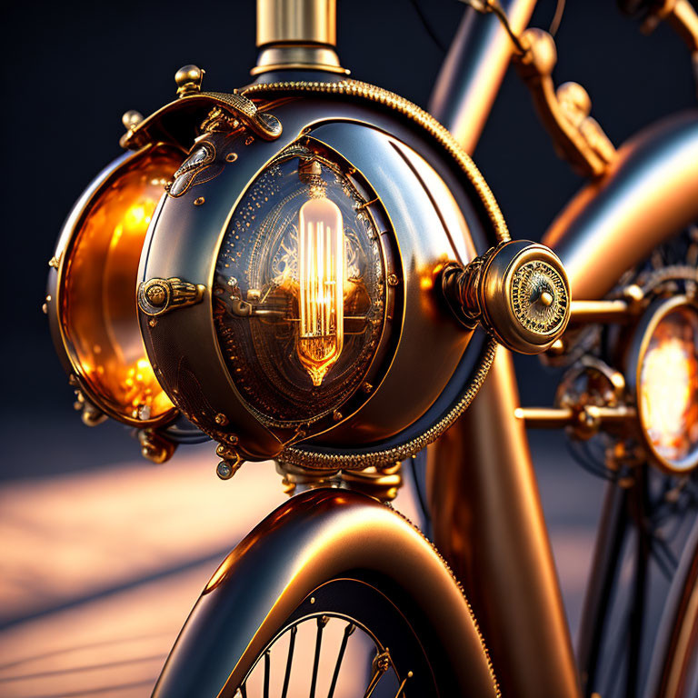 Intricate Steampunk-Style Lamp on Bicycle with Filament Bulb