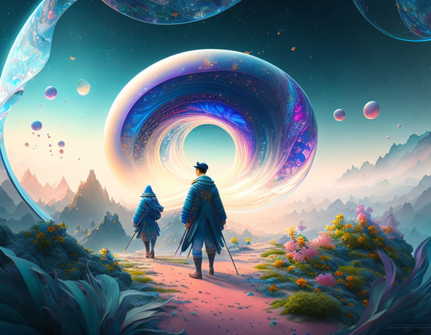 Two cloaked figures approach a surreal portal in a vibrant, fantastical landscape.