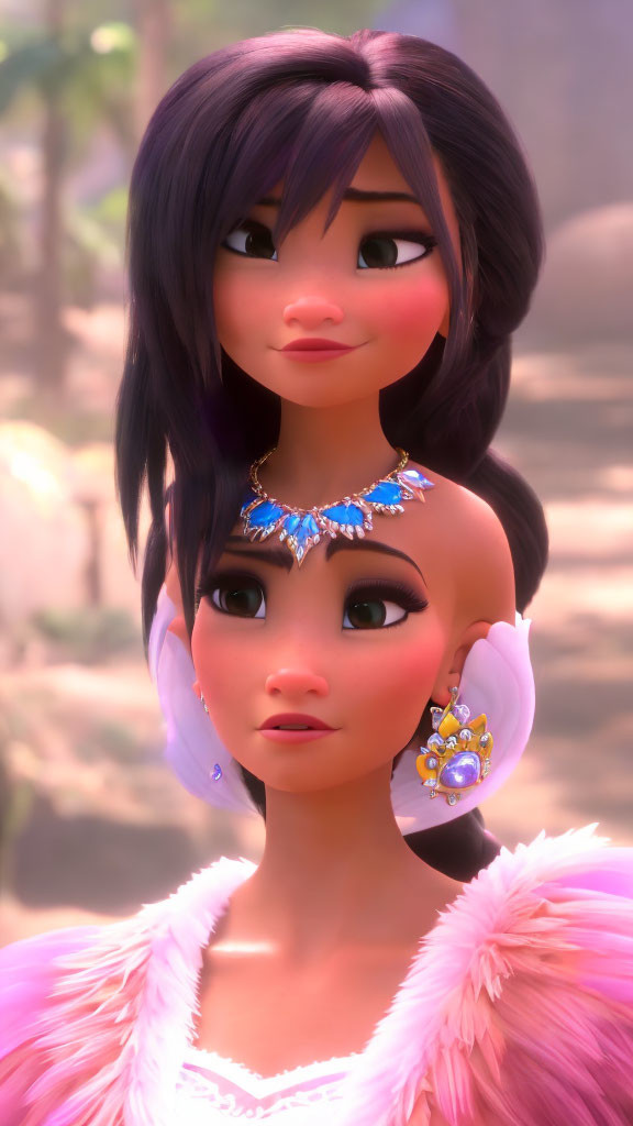 Dark-Haired Animated Characters with Earrings and Feather Boa Smiling in Whimsical Setting